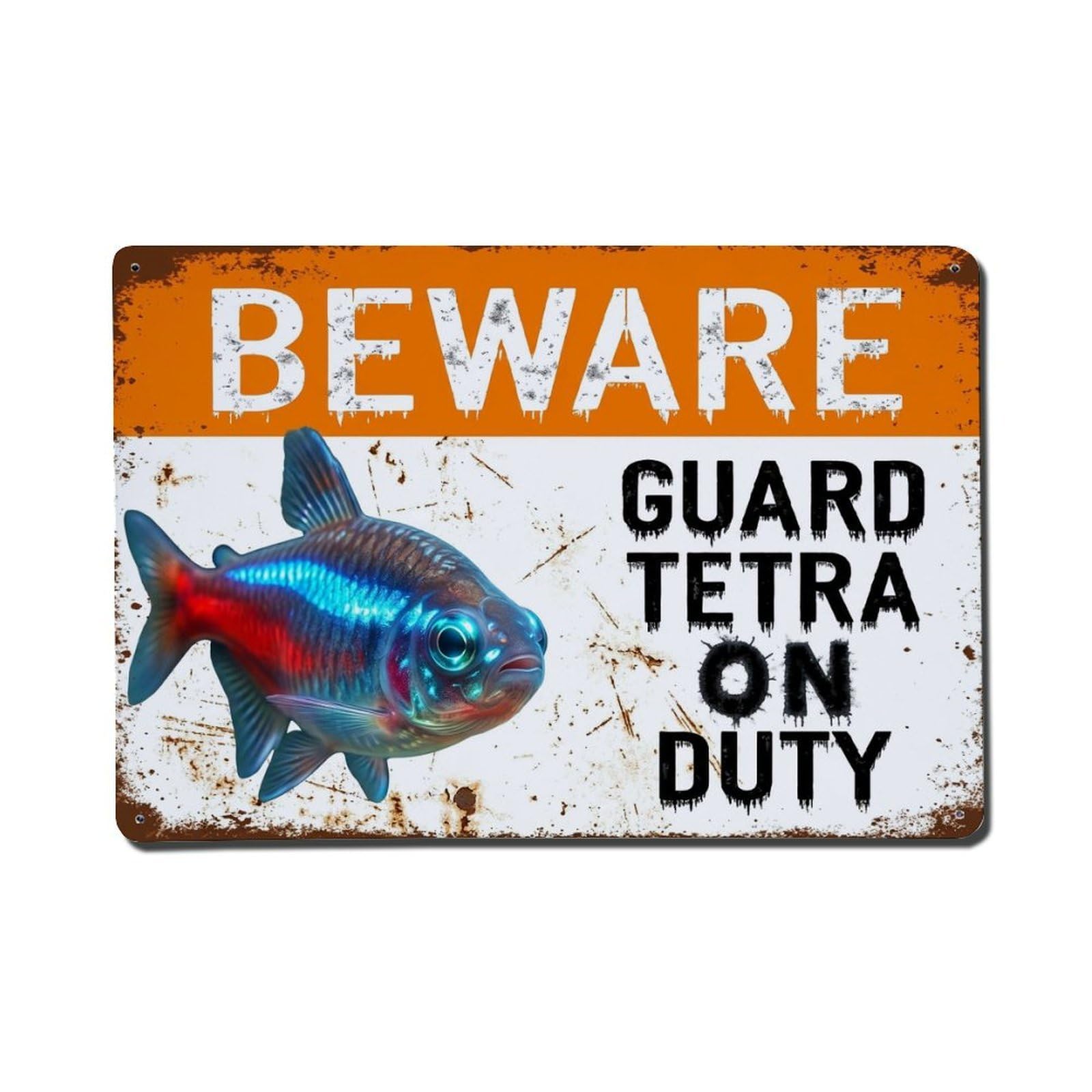 Vintage Funny Tetra Guard Beware of Fish Trail Metal Tin Sign