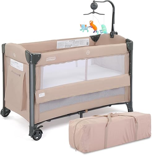 Miniatura 11 de JOYMOR Cuna para bebé, empacar y jugar con moisés y bolsa de transporte, se convierte en cama de noche con ruedas para niños y niñas (gris)
