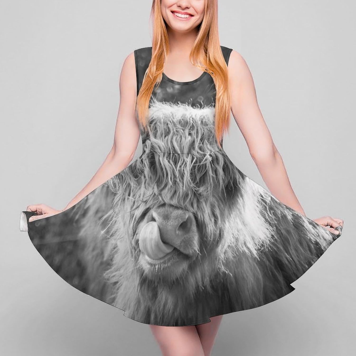 Black White Highland Cow Summer Dresses for Women Sleeveless Beach Sundress Swing Mini Tank Dress 5X-Large