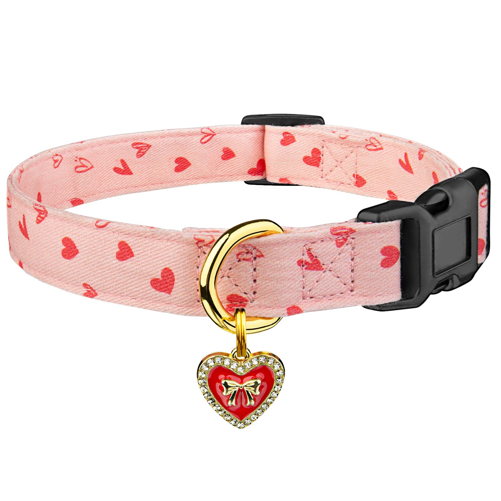 Cotton Handmade Dog Collar Cute and Distinctive Patterns Pink Heart with Pendant for Girl Boy Dogs Collars L