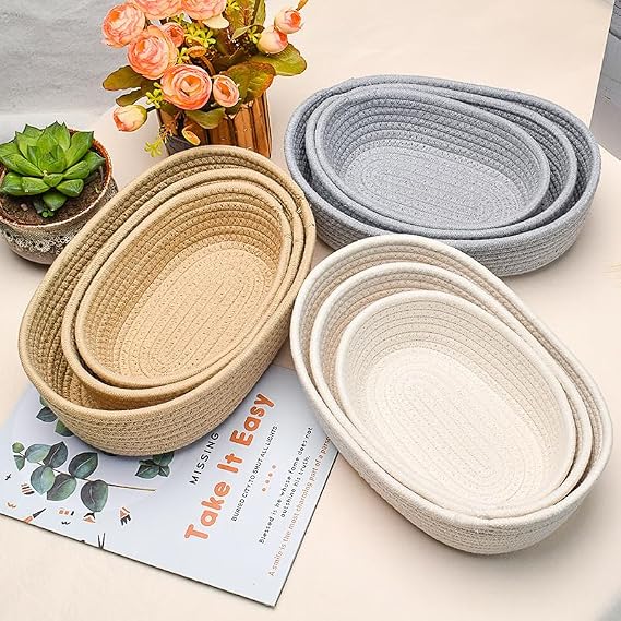 Cotton Rope Storage Baskets Set of 3 - Woven Storage Baskets for Organization, Available in White Grey Beige (White)