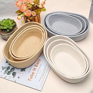 Cotton Rope Storage Baskets Set of 3 - Woven Storage Baskets for Organization, Available in White Grey Beige (White)