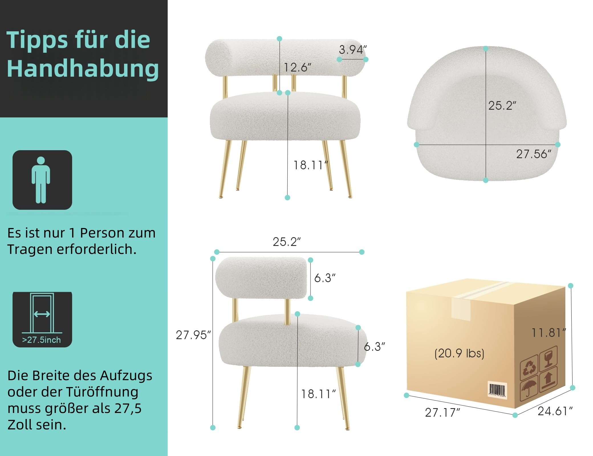 Teddy Sessel mit Sherpa-Bouclé, Polsterstuhl mit goldenen Metallfüßen, Loungesessel mit U-Rückenlehne, Akzentstuhl für Wohnzimmer, Schlafzimmer, Büro oder Schminktisch(Weiß)