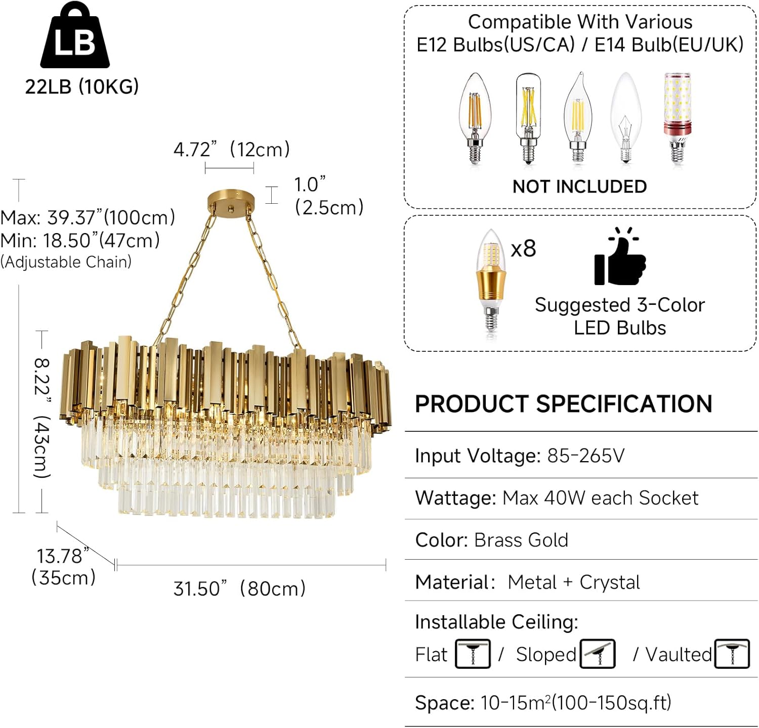 Modern Crystal Chandelier Gold Pendant Light Fixtures, Oval Crystal Pendant Lighting for Living Room, Dining Room, Bedroom, Restaurant, E12 x 8, 32x14inch