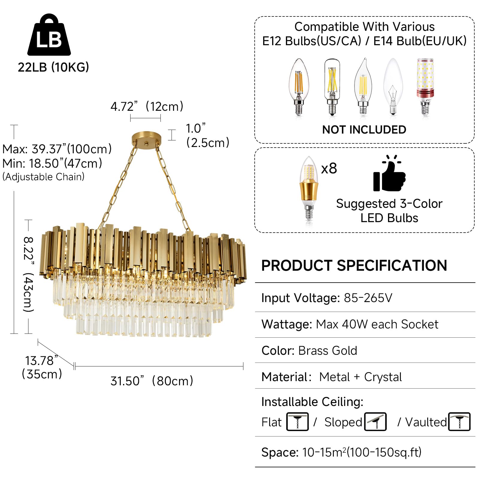 Lampadario moderno in cristallo oro, illuminazione a sospensione ovale in cristallo per soggiorno, sala da pranzo, camera da letto, ristorante, E14 x 8, 80 x 35cm