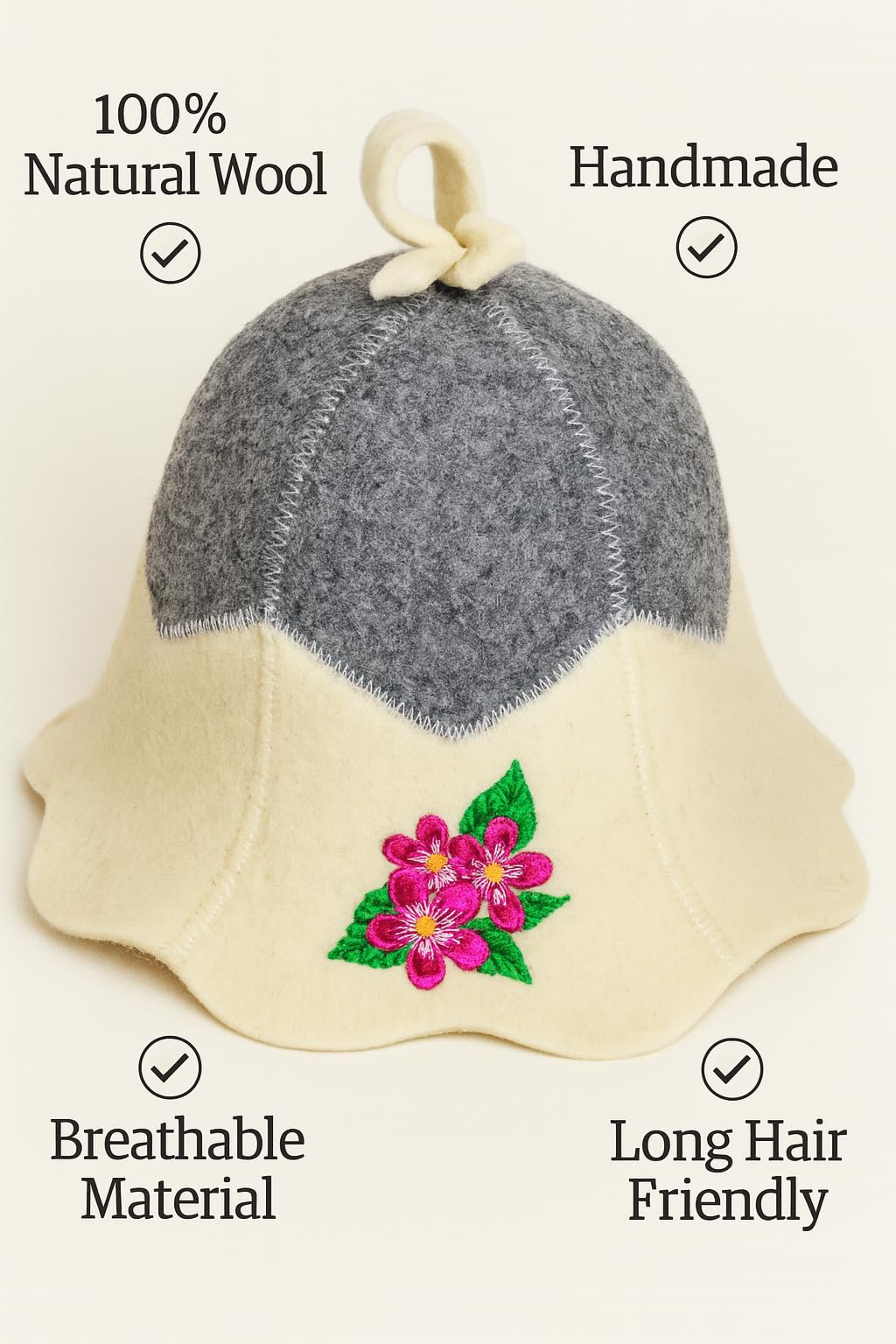 Sauna Hat Flower 100% Wool Felt Embroidered Head Protection Heat
