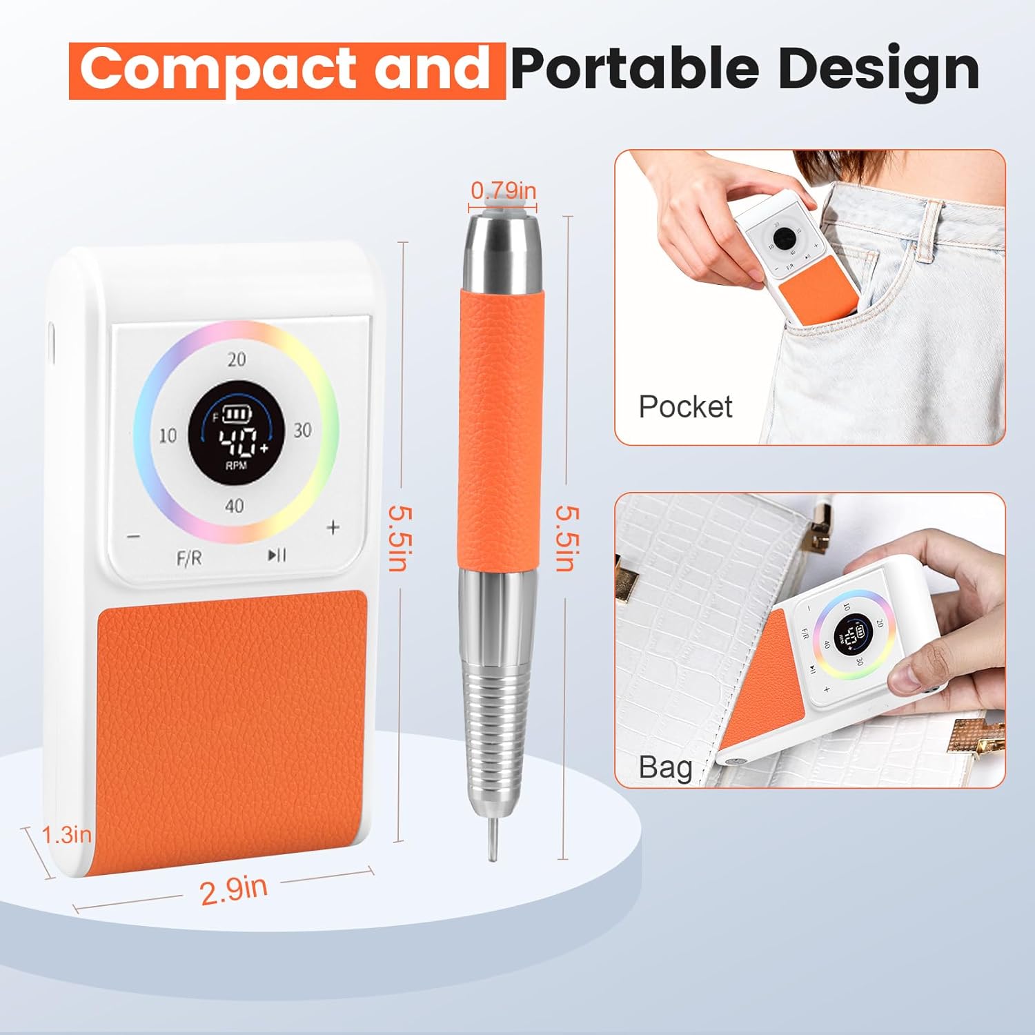 Professional Nail Drill, 40,000RPM Electric Brushless Nail Drill, Rechargeable, Portable, Touch Control, Quiet, Vibration-Free, Cordless Nail File Machine with 7PCS Drill Bits