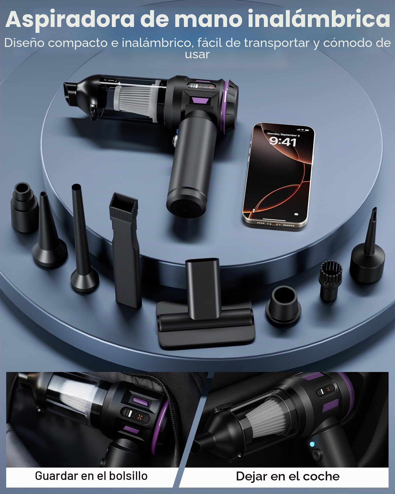 Aspirador de mano con batería para aspiradora de mano con pantalla digital e iluminación LED, 21000 Pa sin escobillas Motor Aspirador Coche Aspiradora de 3 etapas Mini Aspiradora Adecuado para
