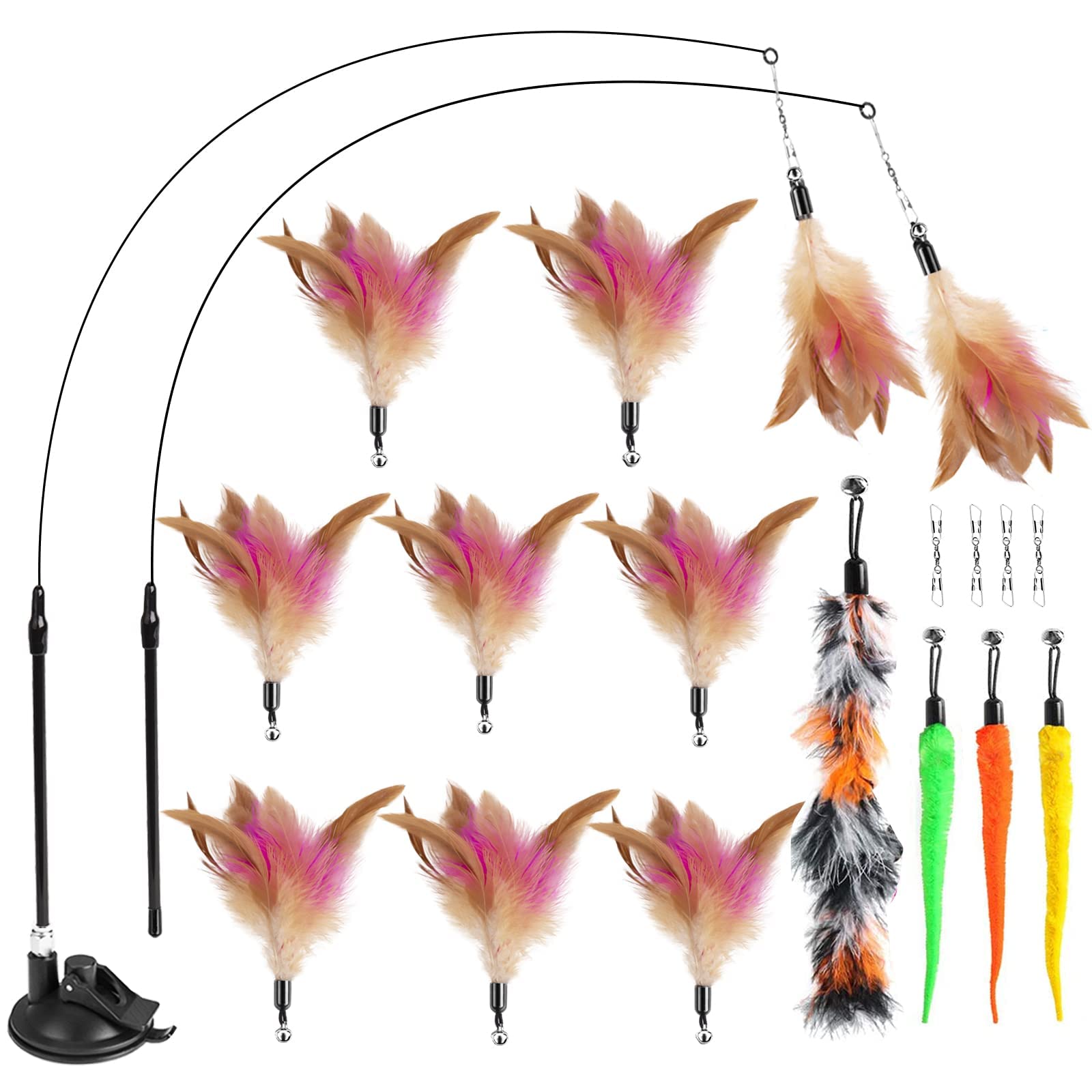 HONGDDY Pluma con Ventosa, Juguetes para Gatos con Campana, 12 Plumas Recambios, Juguetes para Gatos Interactivos Varita Ventosa con Alta Resistencia, para Gato Jugar Solo Juguetes Interior Gatitos