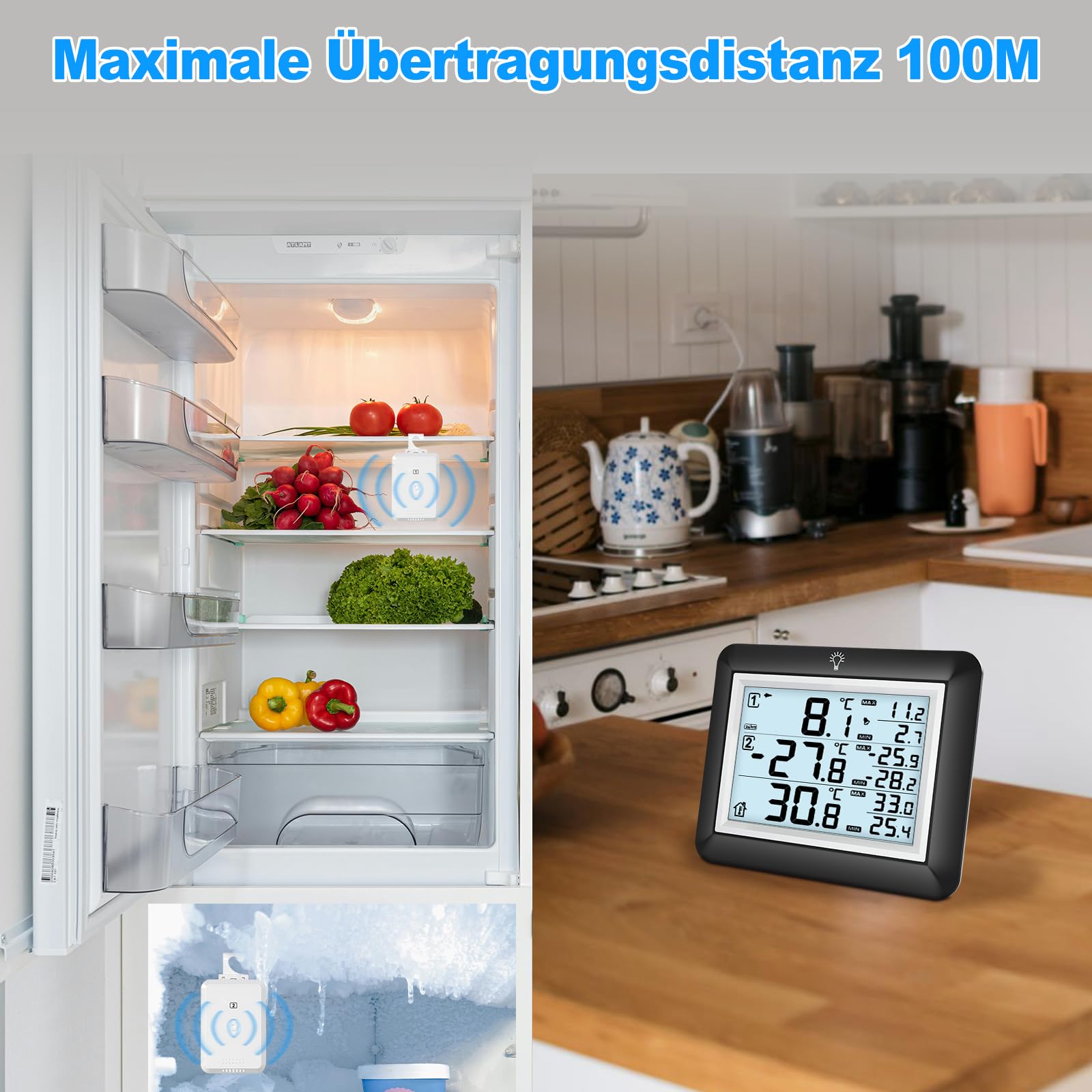 Urageuxy Thermometre Congelateur avec Alarme, Thermomètre de Frigo Congelateur, Prtée 100M, Rétroéclairage, Mesure de -40°C à 60°C, Valeurs Max/Min, Pour Famille et Restaurant