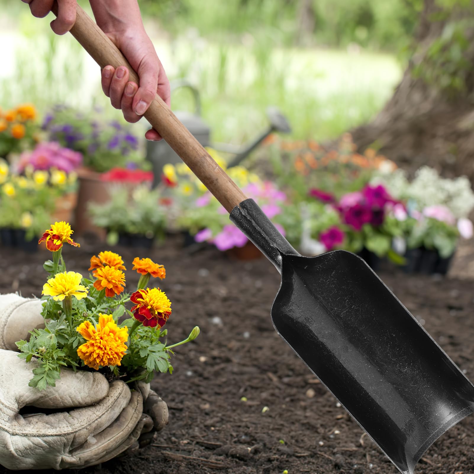 BESPORTBLE Pala de Mango para Jardinería de Acero al Manganeso Negro | Herramienta de Excavación y Traslado de Suelo, Formato Portátil, para Labores de Plantación y Huerto