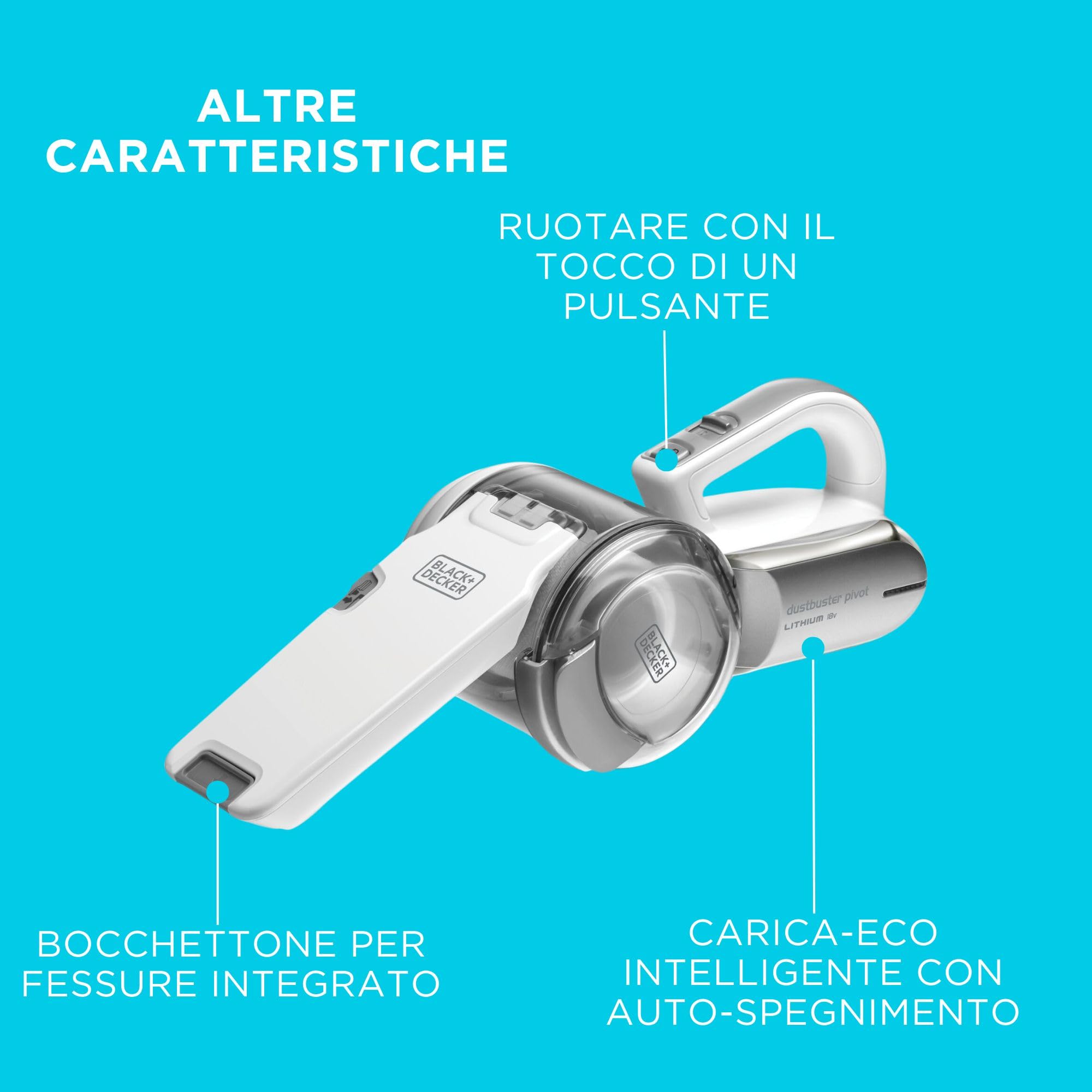 BLACK+DECKER Aspirapolvere portatile Cordless 18V con ugello girevole, 8 posizioni di pulizia, dock di ricarica e accessori, PV1820L-QW