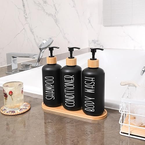 Miniatura 7 de MOMEEMO Juego de dispensador de jabón de ducha negro, contiene 3 botellas de plástico PET extra gruesas con bombas de bambú, botellas de champú