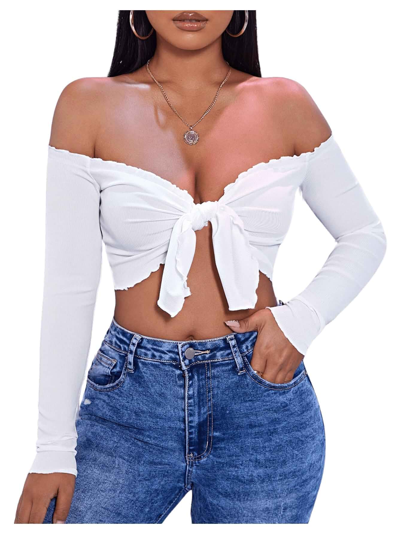 WDIRARA Women's Off Shoulder Tie Front Ruffle Crop Top Lettuce Trim, Knot, Long Sleeve, Cold Shoulder, Sexy, Solid Color, 2 In 1 Wearable As Outerwear And Top