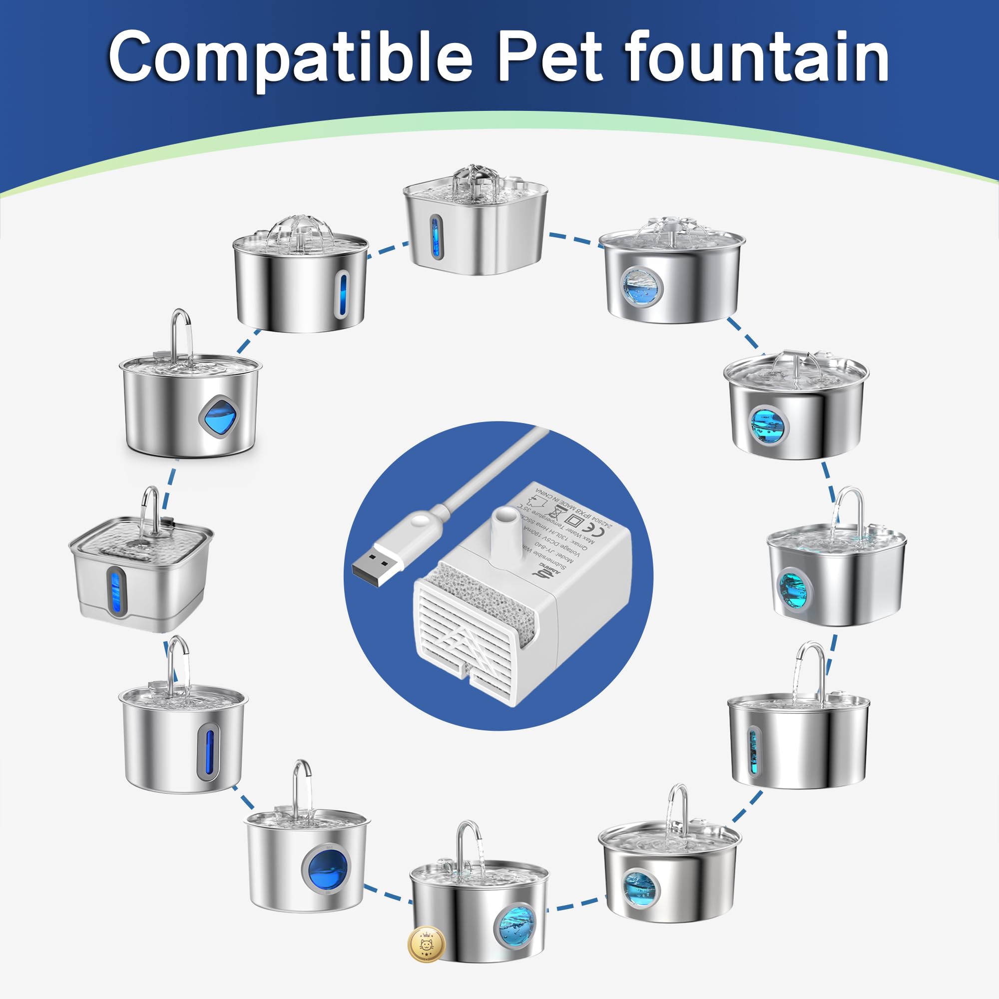 Cat Water Fountain Pump,108oz/3.2L Automatic Stainless Steel Cat Fountain Replacement Pump,Replacement Pump JY-840 Submersible Motor - image 2