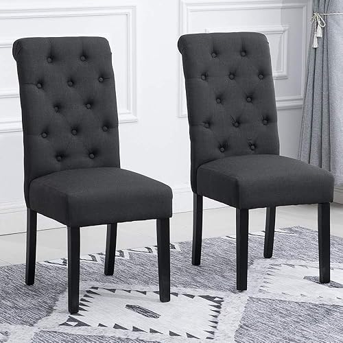 Miniatura 4 de Juego de 4 sillas de comedor tapizadas de tela acolchada, botón para comedor, restaurante, boda, recepción (carbón, juego de 4)