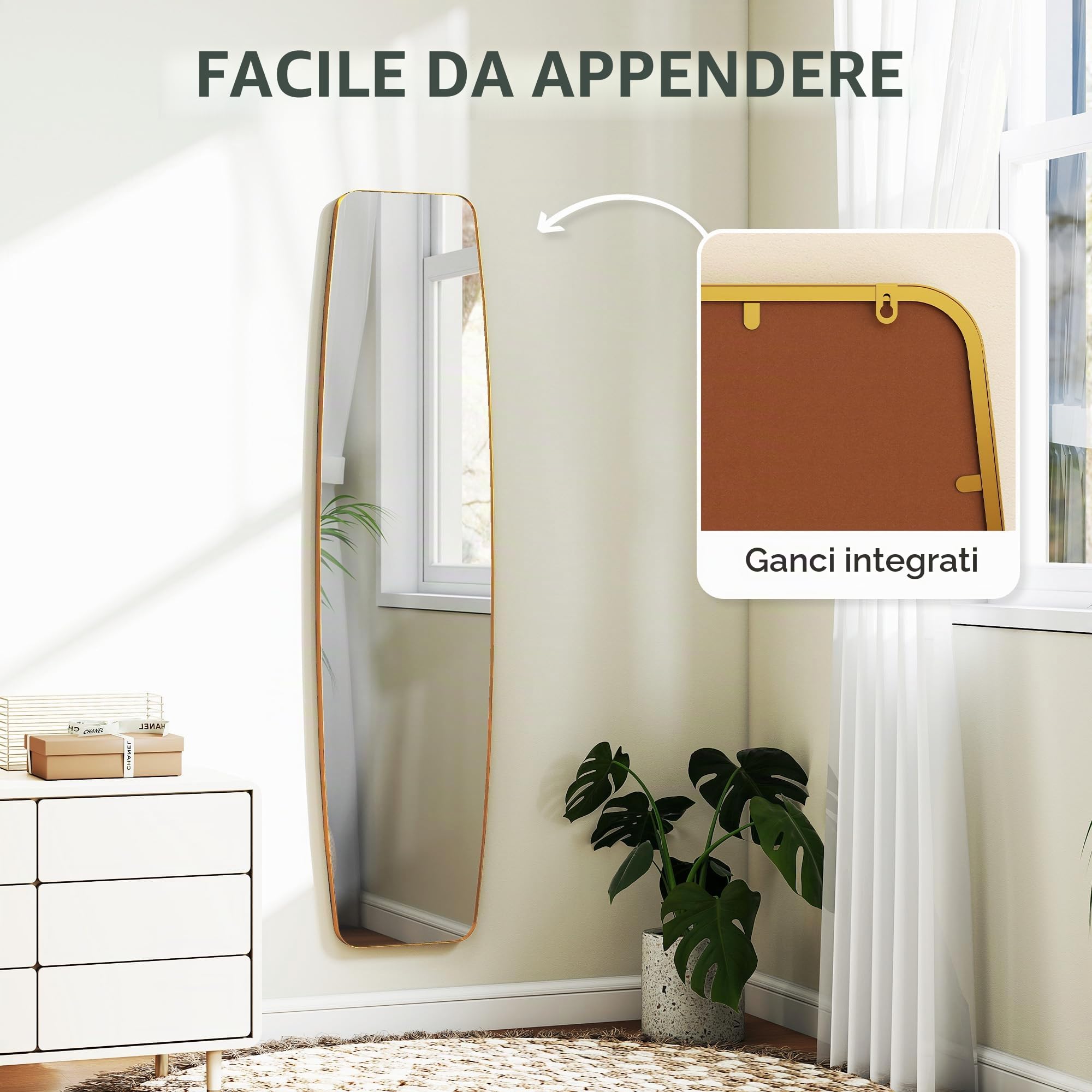HOMCOM Specchio da parete, 160 x 40 cm, con angoli arrotondati, finestra con cornice in metallo, decorazione per corridoio, camera da letto, soggiorno, oro