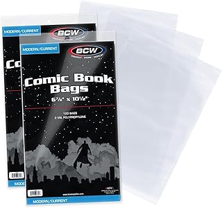 BCW Bolsas de cómics actuales y modernas, 200 unidades, bolsas de cómics modernas sin ácidos para problemas actuales, exteriores de 6 7/8 x 10 1/2 pulgadas, protección transparente para tu colección