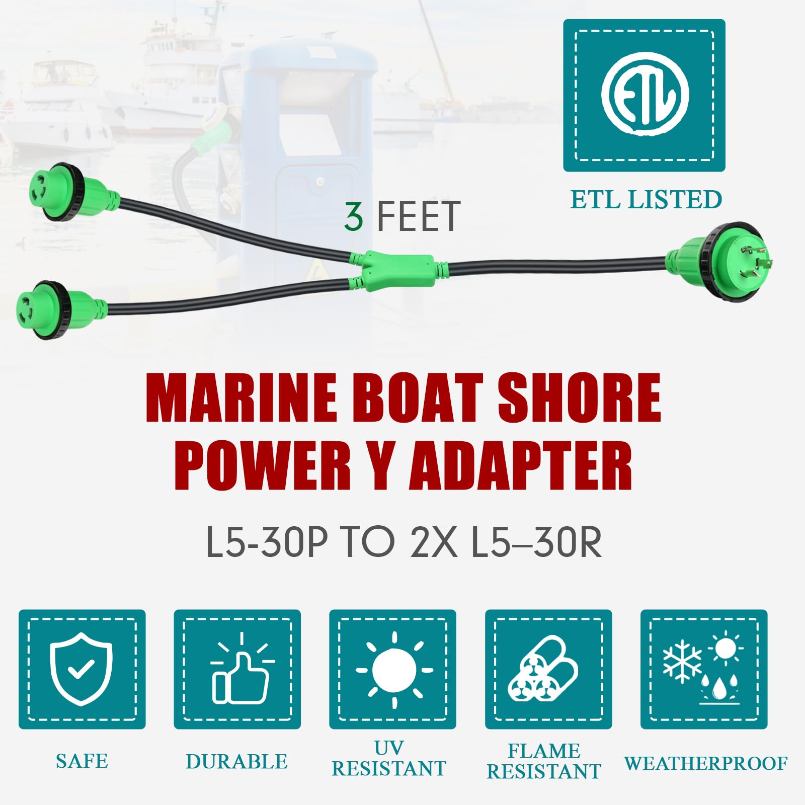 Kanayu 3FT RV Marine Boat Shore Power Adapter L5-30P Male 30A Plug to (2) 30A L5-30R Female, 30 Amp Y Splitter with Locking Ring and Collar(Green,Black)
