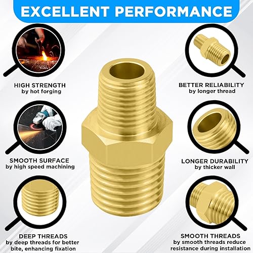 Miniatura 5 de SDTC Tech Paquete de 2 accesorios de tubería de latón de rosca macho NPT de 14 pulgadas a NPT de 18 pulgadas, adaptador reductor de rosca macho