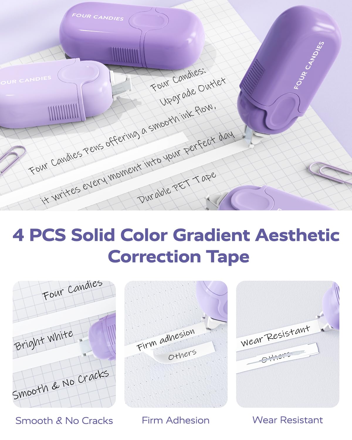 Four Candies Aesthetic School Supplies, 4 Gel Pens with Black Ink, 4 Correction Tape, 2 Pastel Highlighters, 2 Mechanical Pencils, Sticky Notes, Index Post for Back to School Supplies with Case Purple - Image 4