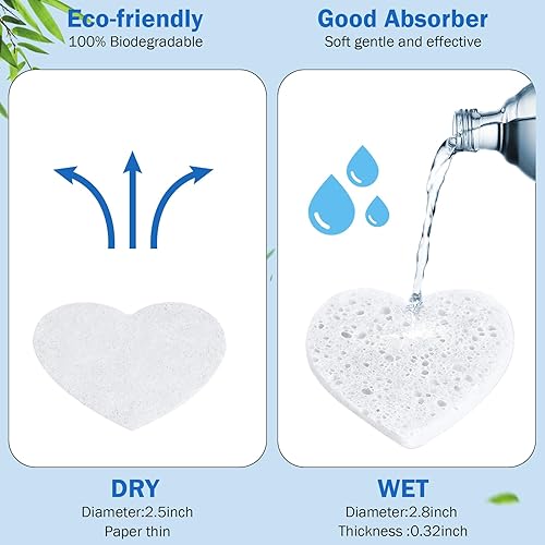Miniatura 8 de Dandat 300 esponjas faciales comprimidas en forma de corazón, esponjas faciales para limpieza facial natural, almohadillas exfoliantes para limpieza