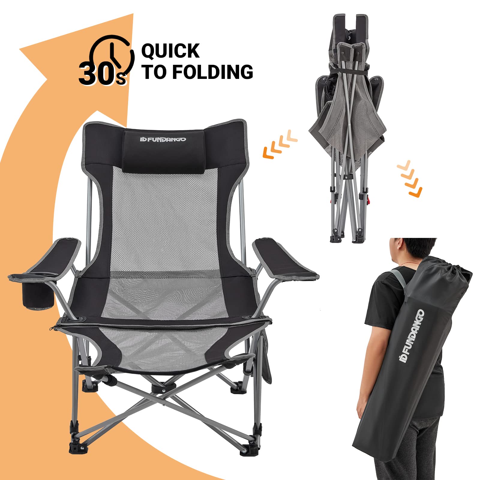 FUNDANGO Reclining Camping Chair with Foot Rest, Portable Mesh Folding Lounge Chairs, Adjustable Chaise Lawn Chair with Headrest, Cup Holder, Storage Bag, for Outdoor Picnics BBQ, Black