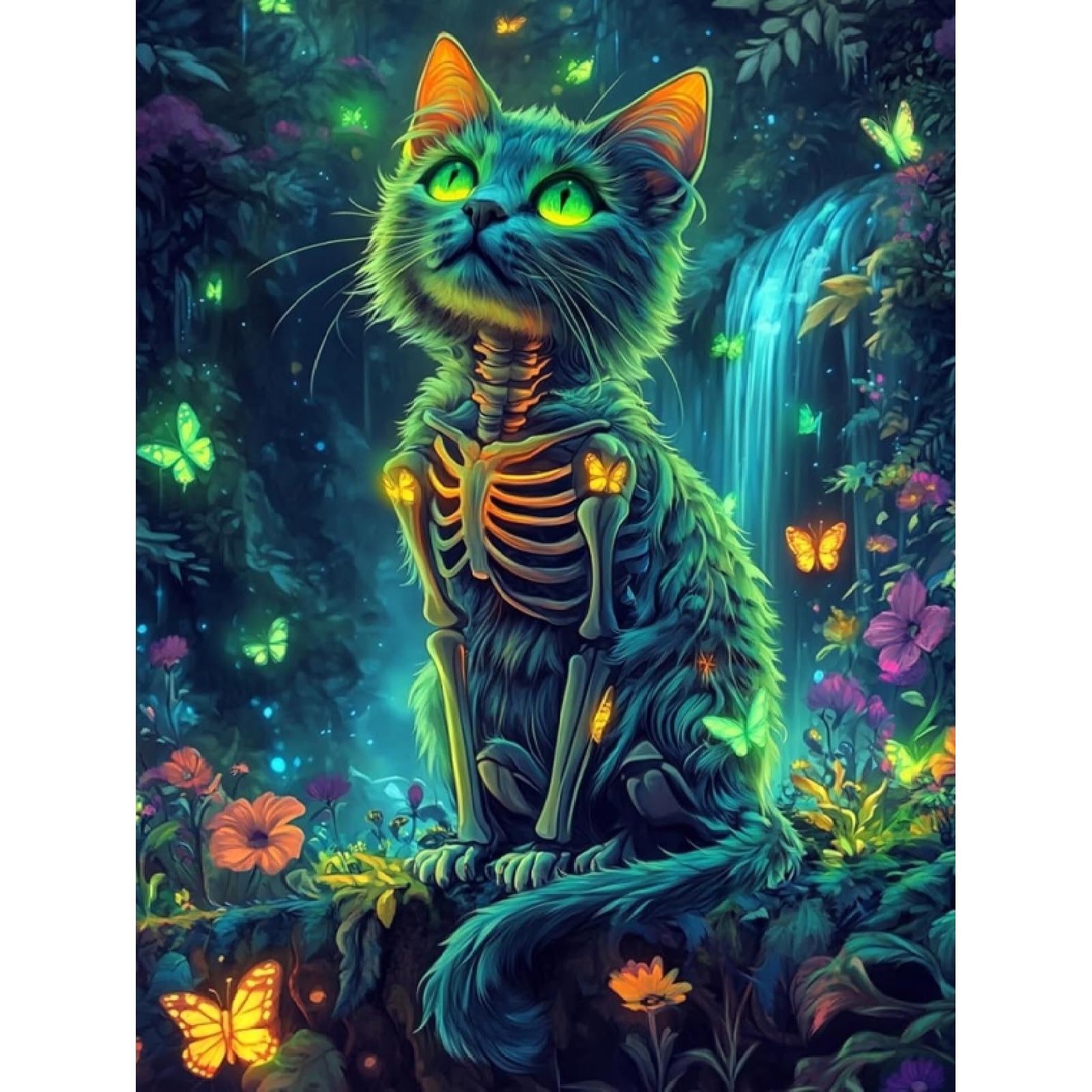 Jakener Cat Diamond Art Kits Adults, 5D Skeleton Diamond Painting Kit for Adults, Fun DIY Full Round Drill Crystal Gem Art Craft, Adults Paint by Diamonds Dots Home Wall Decor 12x16 Inch