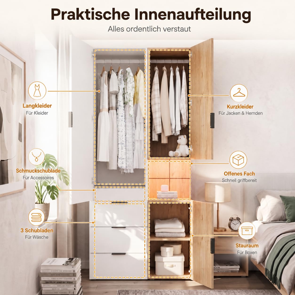 Armadio con illuminazione a LED e cassetto portagioie, 90 x 49 x 200 cm, con 2 aste appendiabiti, strisce LED e 4 cassetti, moderno armadio con ante girevoli per camera da letto, soggiorno e cameretta