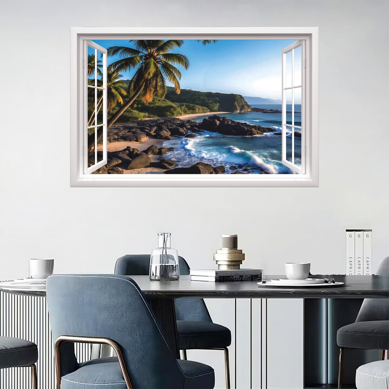 ANHUIB 3D Fake Window Wall Sticker 3D Seaside Landscape Wall Stickers 3D Sea View Wall Art for Living Room Sea Scenery Wall Decals for Bedroom Bathroom Removable Seascape Decals Mural Decor 84×52cm