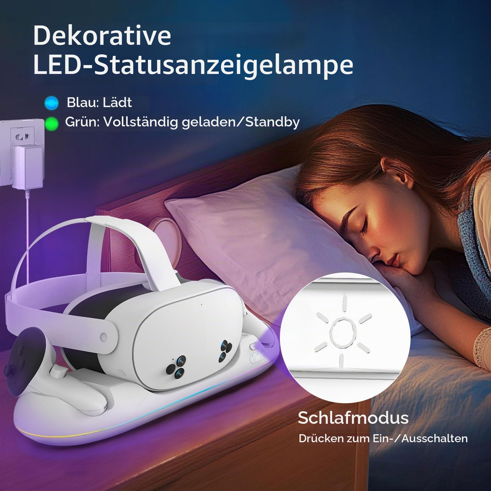 Ladestation für Meta Quest 3/3S/2, Magnetische VR-Station mit Schnellladung, USB-Ausgang, RGB-Beleuchtung, 2 wiederaufladbare 2100mAh-Batterien, Zubehör für Oculus Quest Headset und Controller