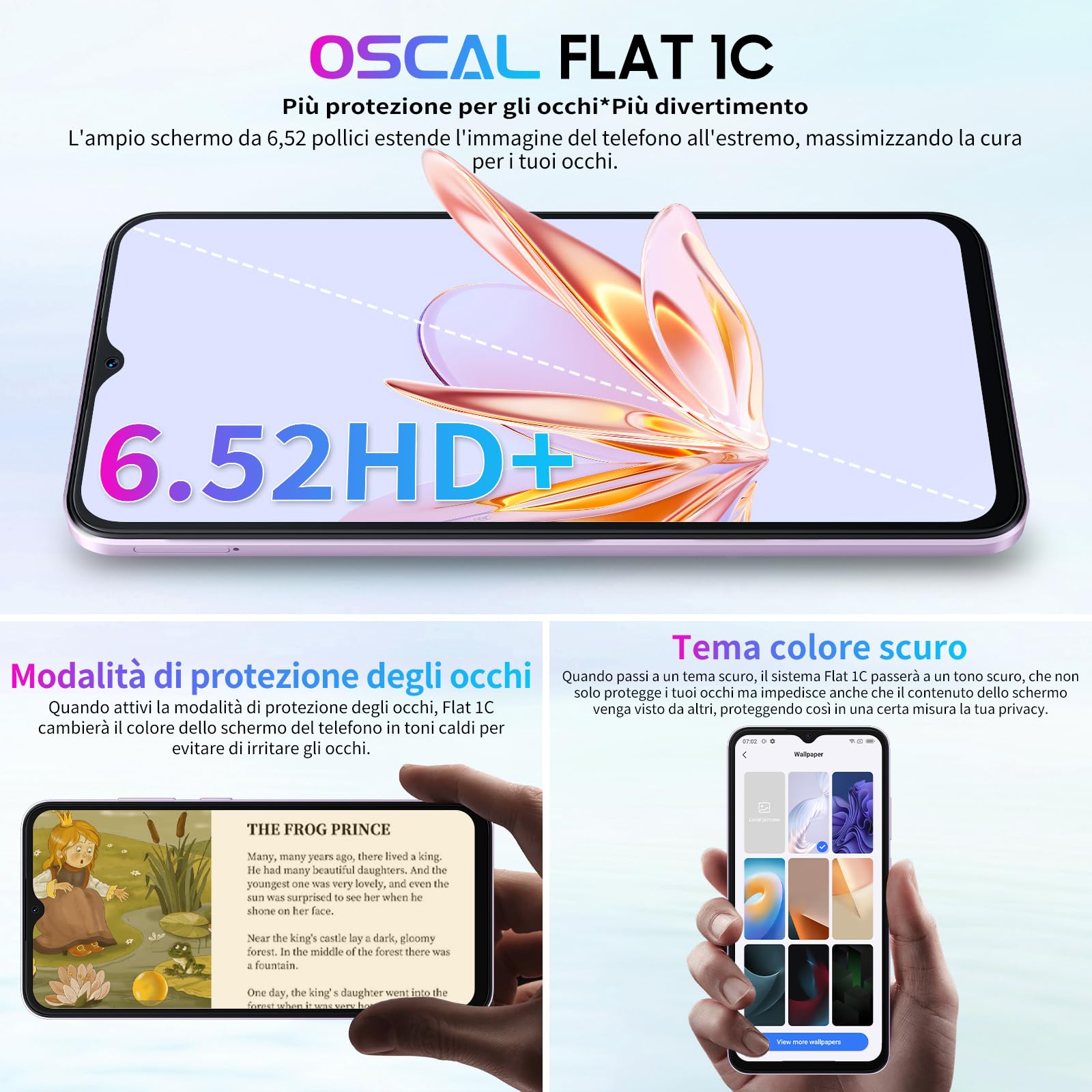 OSCAL Flat 1C Smartphone 4GB RAM 32GB ROM 1TB Espandibile, 4700mAh, 6.5" HD+, 8MP+5MP, 4G Dual SIM Telefono Cellulare, Android 13 Smartphone Offerta Octa Core/BT4.2/5G Wi-Fi/Face ID/OTG Viola