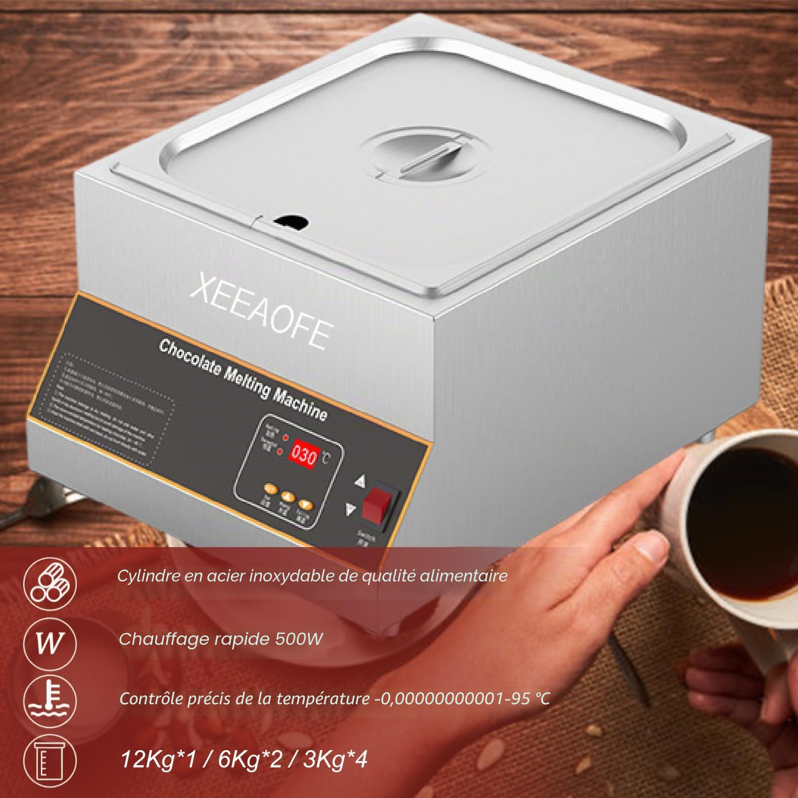 Fondoir à Chocolat à Chauffage Par Air, Machine à TempéRer Le Chocolat, Pot De Fusion De Chocolat De 27 Lb Avec ContrôLe De La TempéRature,1Tank-220V