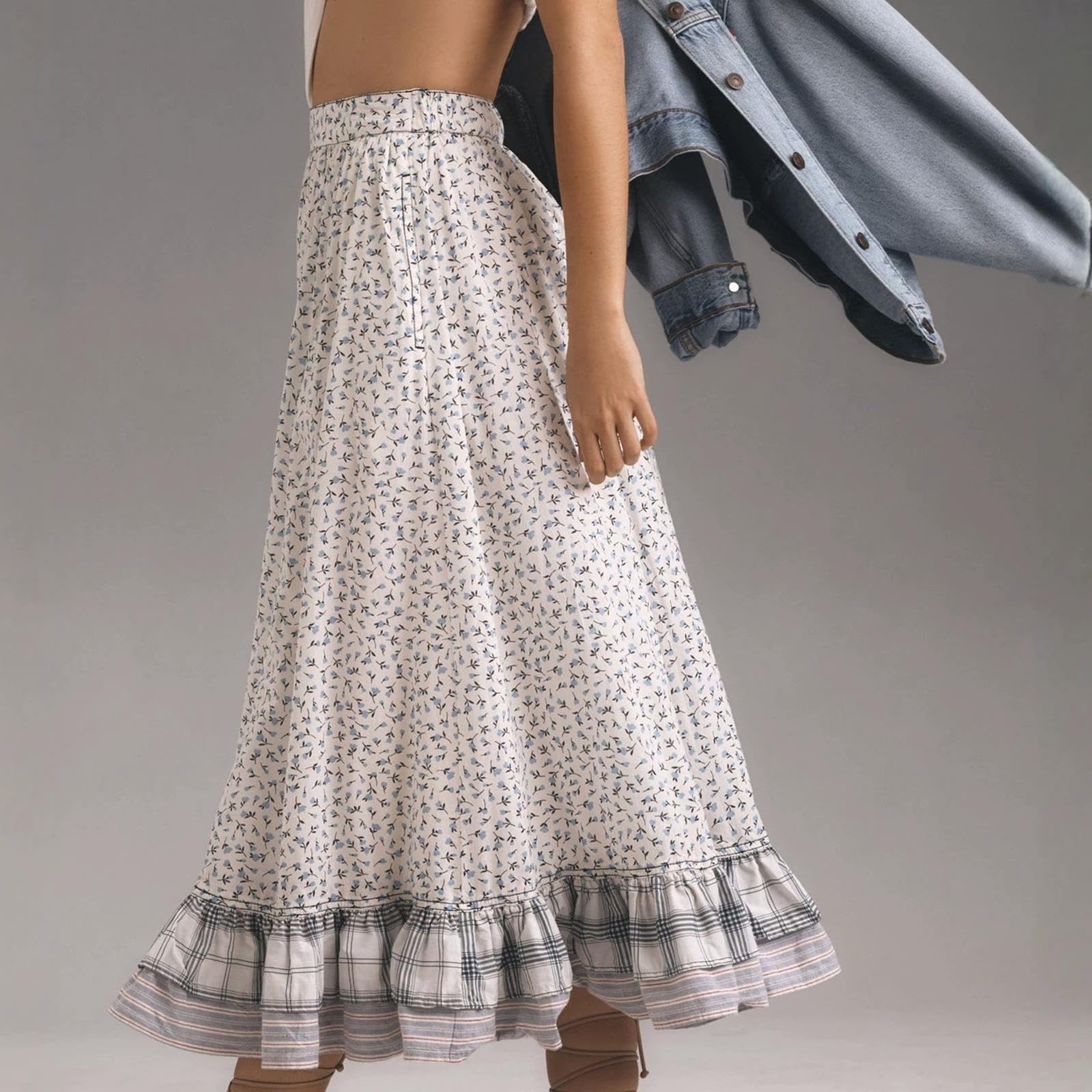 Jupe Décontractée A-line,Jupe Midi Bohème À Fleurs Femme,Motif Écossais