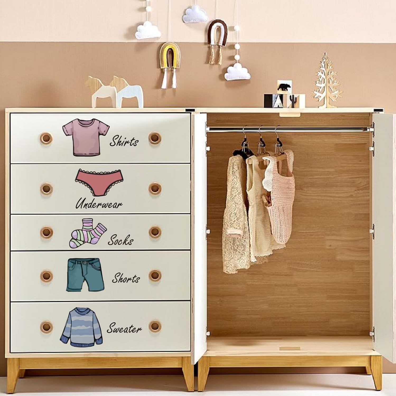 4 Pcs 4 Styles Dresser Clothing Decals Stickers for Dresser Drawers PVC Self-Adhesive Clothes Storage Classification Labels for Drawers Wardrobe Organizer Sorting Box Decoration
