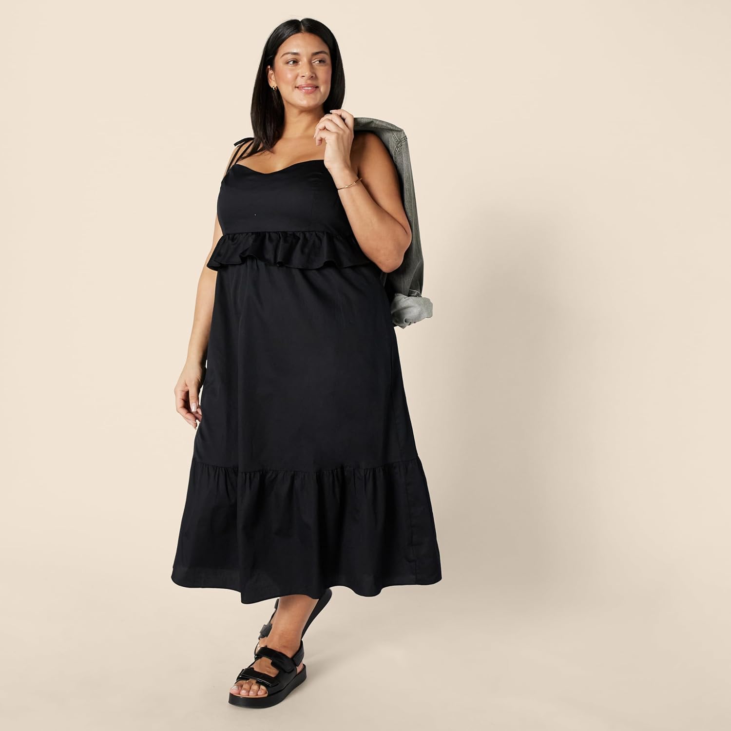 Amazon Essentials Women's Fit and Flare Cotton Sateen Empire Waist Midi Ruffle Dress - Image 7