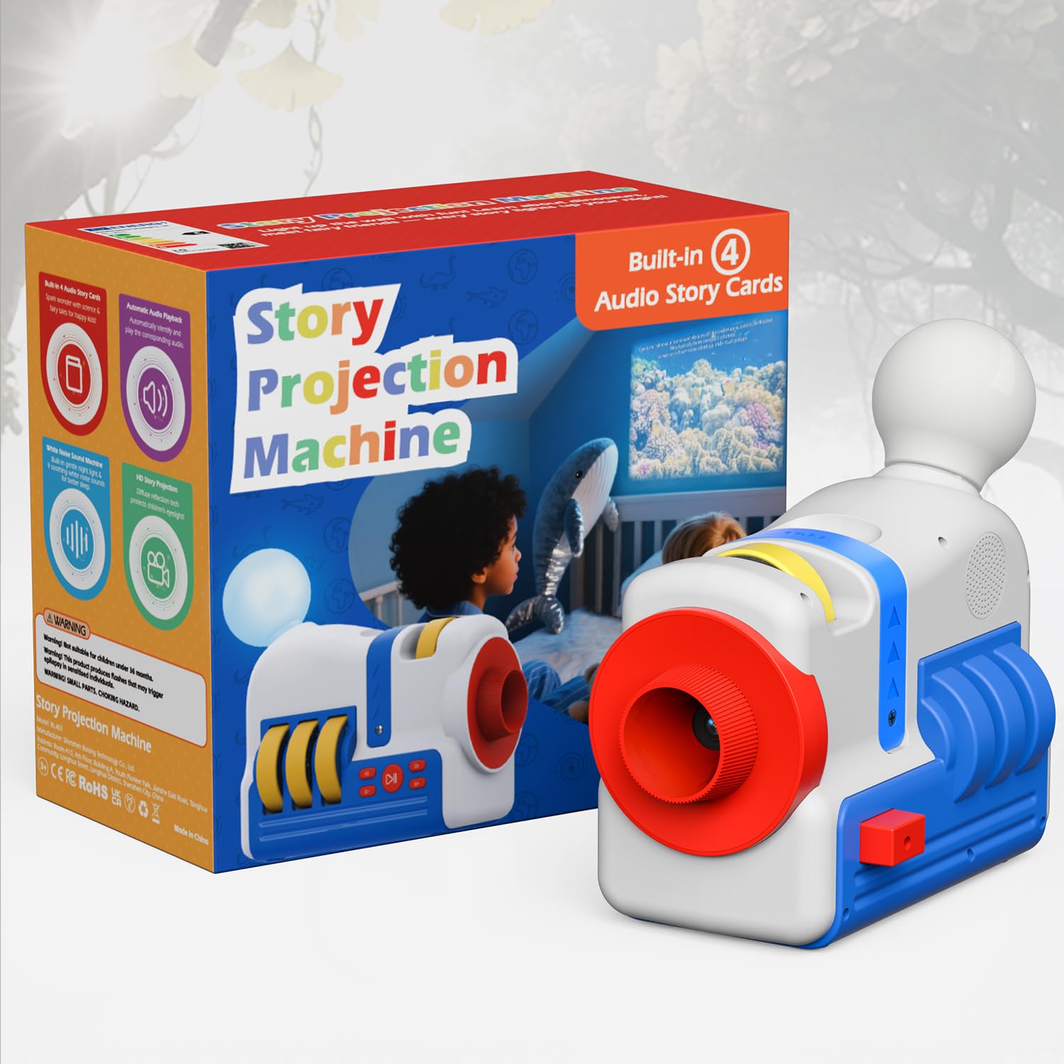 Kinderbuchprojektor Geschichtenerzählmaschine, Bildschirmfreier Schlafenszeit-Geschichtenspieler mit 32+ Klassikern, 9 weißen Rauschen & 5-Modus-Nachtlicht – Ideales Kleinkind-Schlaftrainer