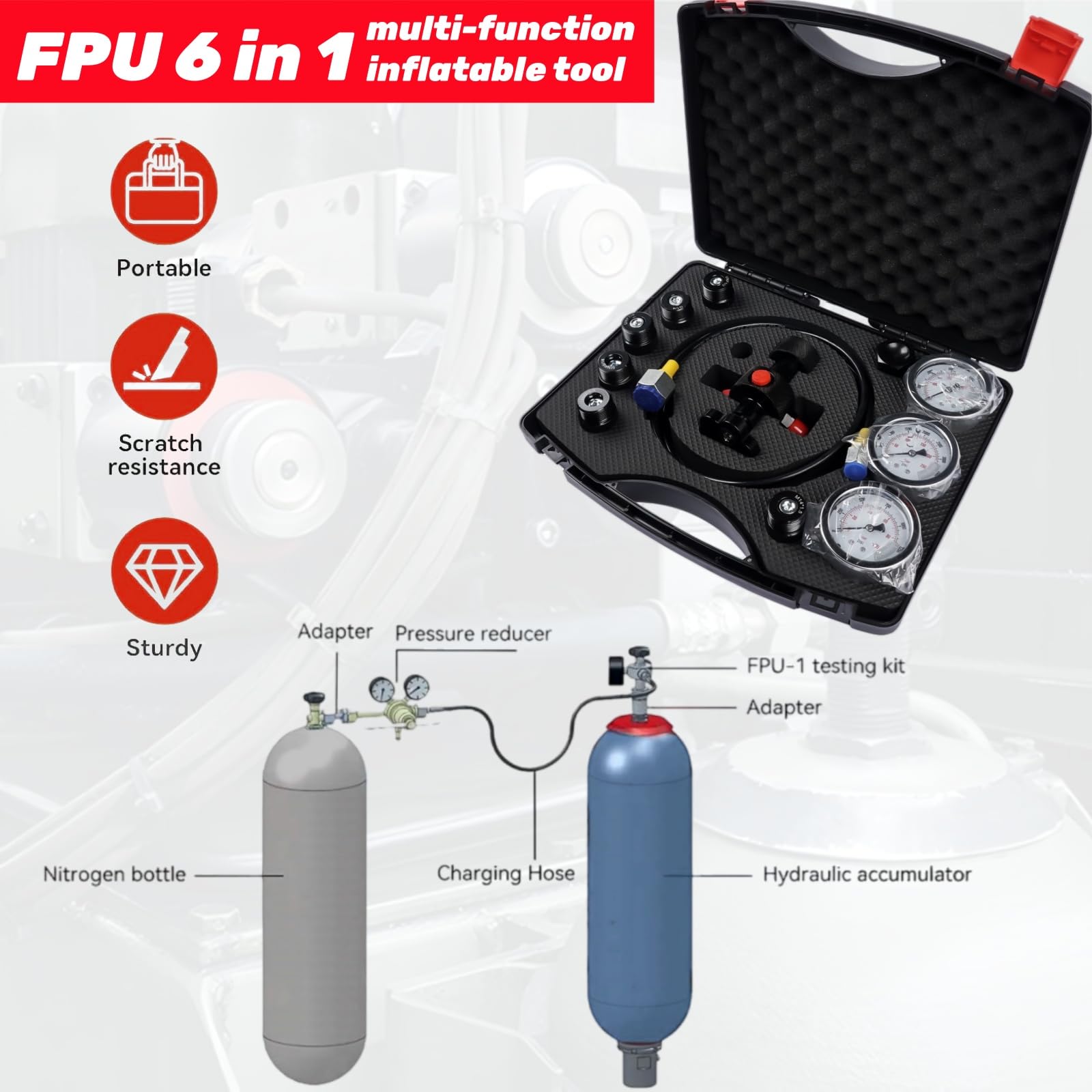 Nitrogen Fill Kit, Hydraulic Nitrogen Accumulator Charging Kit, Nitrogen Pressure Test System with 3 Gauges 1300 3500 5500 psi, 6 Adapters, Gas Hose & Main Valve Body Mixizap