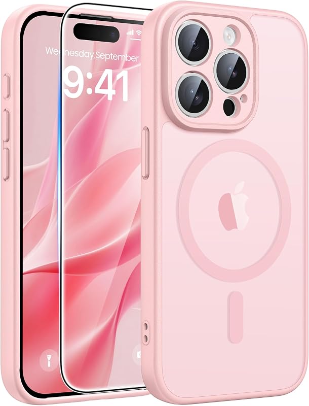 FNTCASE for iPhone 15 Pro Case, Fit for Magsafe, Screen Protector | Full Camera Protection, Translucent Matte, 14FT Military Grade Drop Proof, Shockproof Protective Phone Cover, Light Pink