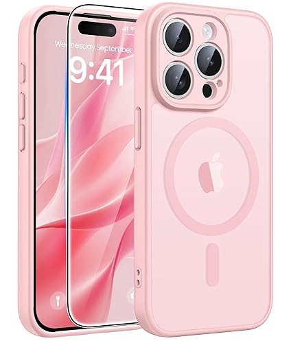 FNTCASE for iPhone 15 Pro Case: [Compatible with Magsafe] Translucent Matte Cases with [Full Camera Protection] [Screen Protector] Military Grade Shockproof Protective Phone Cover - Light Pink