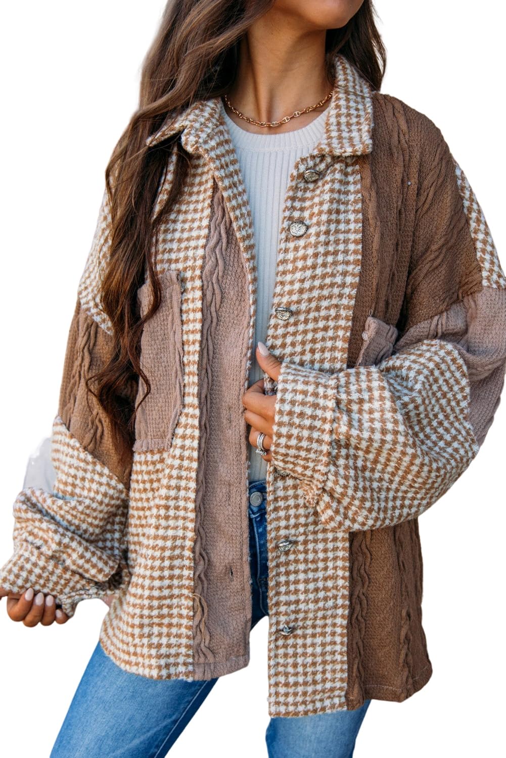 KevaMolly Womens Vintage Jacket Houndstooth Color Contrast Textured Patchwork Loose Shacket Casual Daily Western Shirt