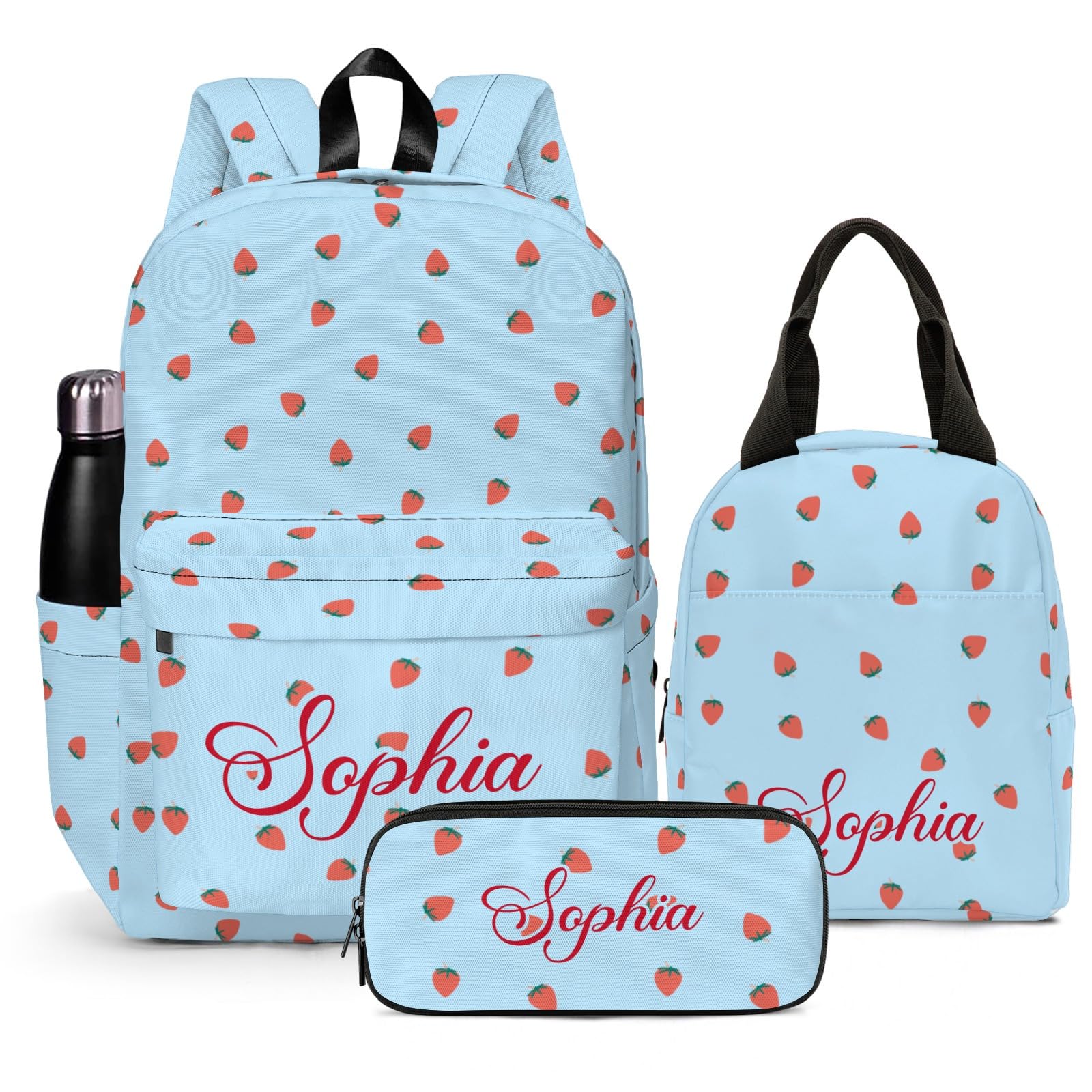 Personalized Strawberry Backpack for School, Cute Fruit Pattern Printed Kids School bag Blue Bookbag Backpack Set with Lunch Bag Pencil Case