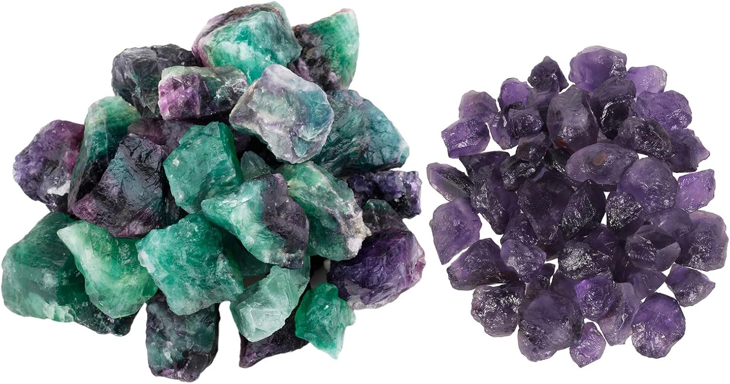 SUNYIK Pack of 2 Fluorite Natural Raw Stones Rough Rock Stones 1lb & Natural Amethyst Raw Rough Crystal Stones 1lb
