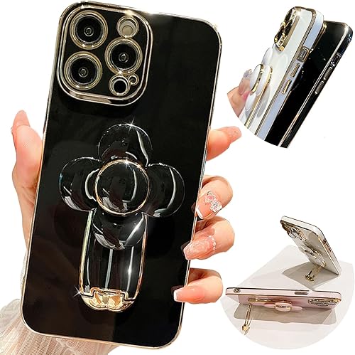 DEAVON Funda compatible con iPhone 13 Pro Max, funda protectora suave chapada en oro con soporte oculto, bonita funda giratoria para reducir el