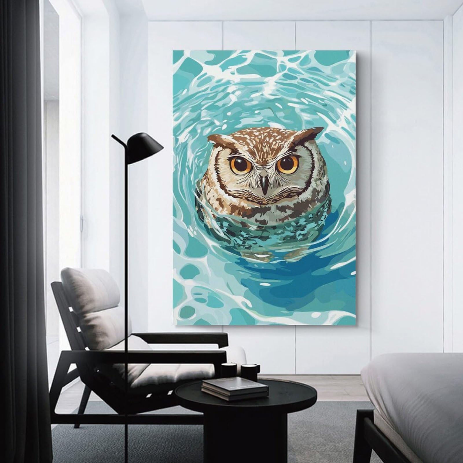 Junmoney Owl Swimming in Blue Water Home Decor Wall Art 20x30inch(50x75cm), for Restful Interiors, Bedrooms Or Small Rooms, Decorative Wall Art for Cosy Rooms