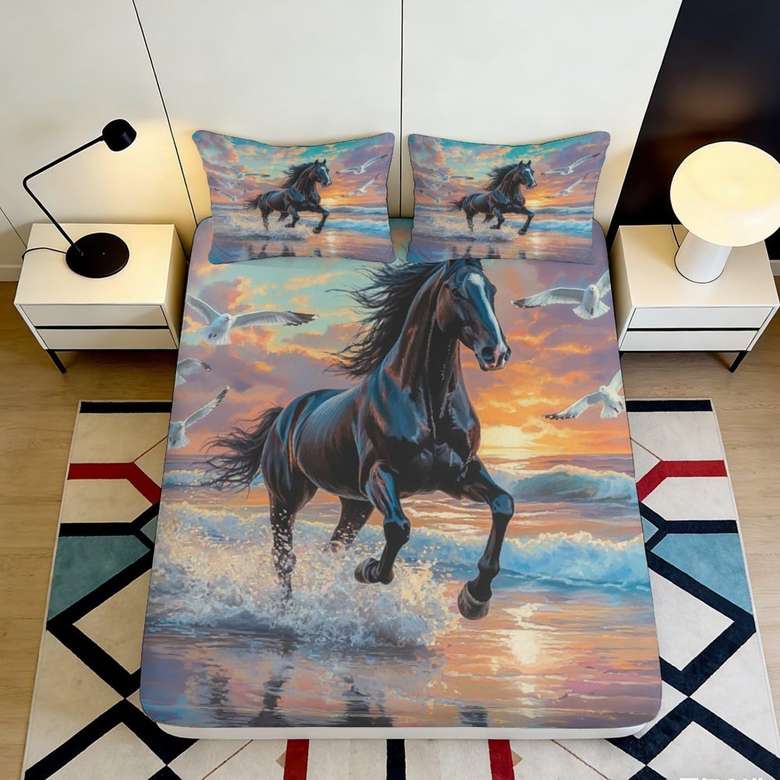 3D Printed Black Horse Fitted Sheet Microfiber Soft Breathable Seagull Bed Sheet for Bedroom Dormitory Guest Room Mattress Cover Protection 120x200x25cm