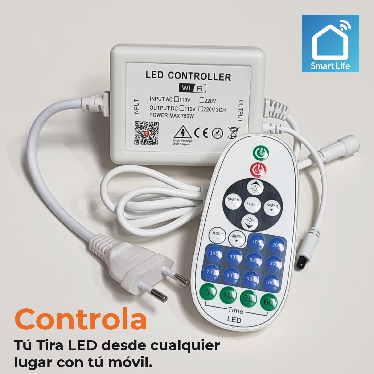 LED ATOMANT Controlador WiFi para Tira LED Monocromo 220V, Regulador de intensidad con mando IR, Compatible con Smart life o Tuya, Alexa, Google Assistant, Xiaodu y Tmall Genie