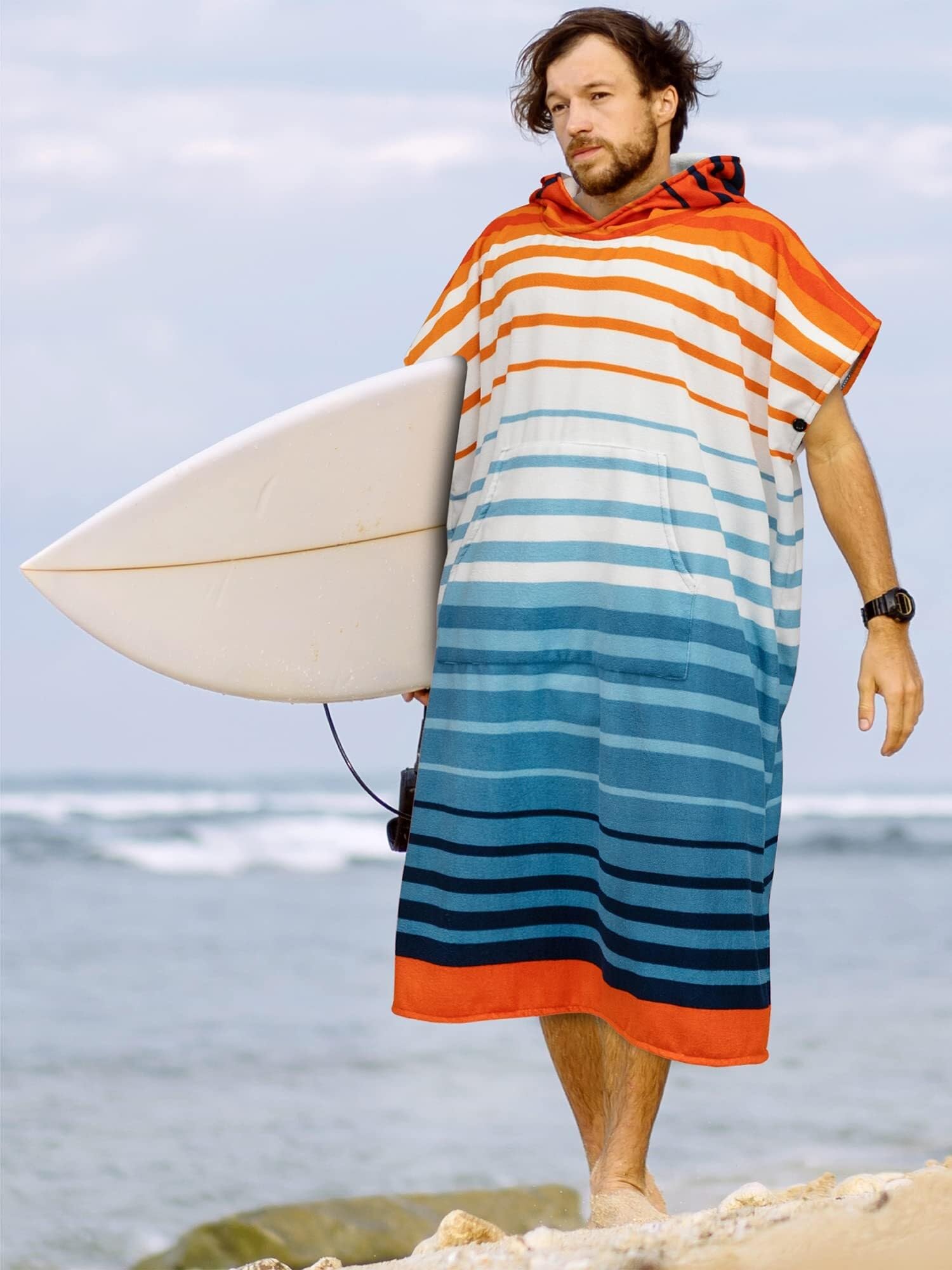 Genérico Poncho de Surf, Poncho Toalla Poncho Surf Capucha,Toalla Secado Rápido Que Se Cambia For Surfear,Nadar Playa, Deportes Al Aire Libre,Absorbente Y Portátil For Hombre Bolsillo(Orange Stripe)