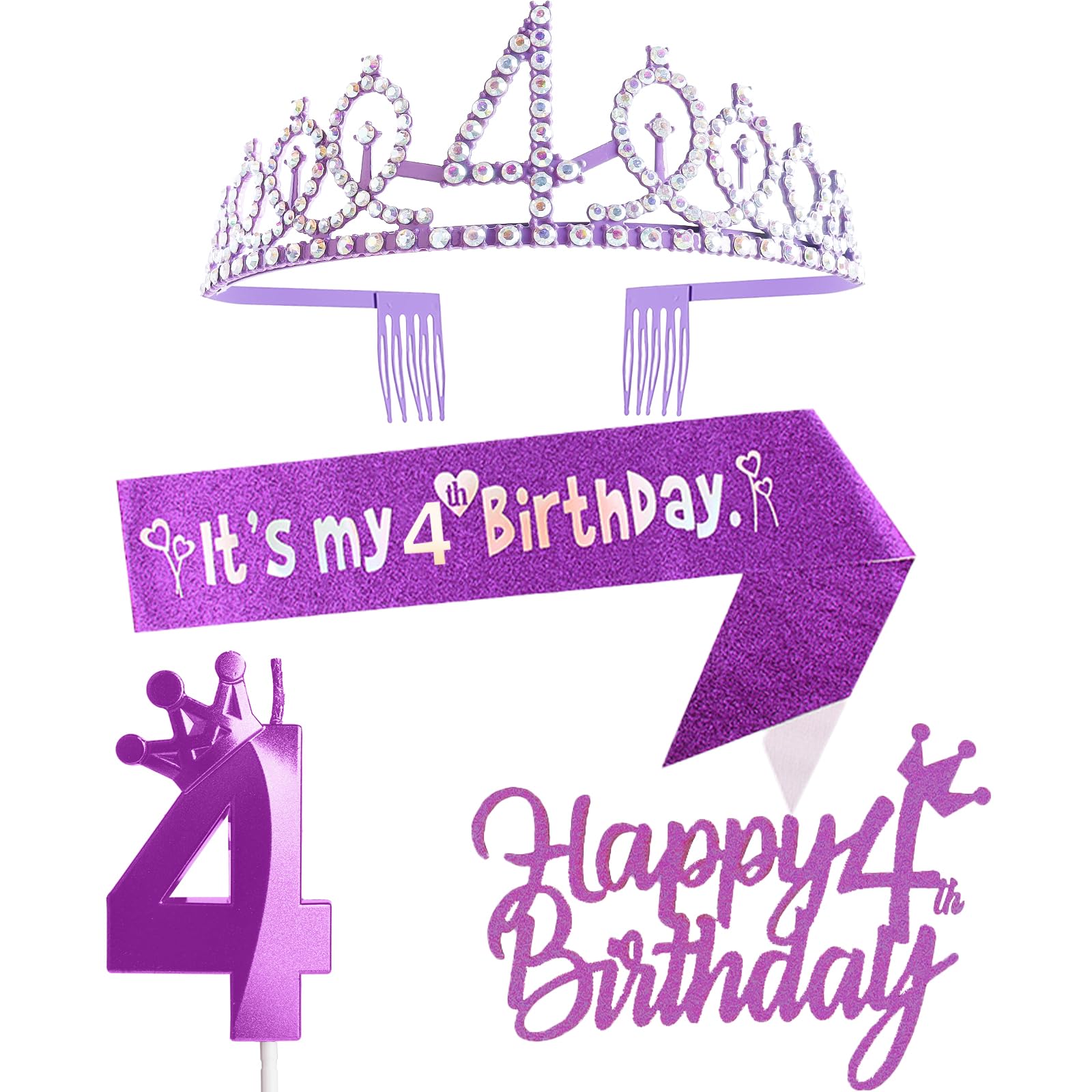 Purple 4th Birthday Decorations for Girl - Includes Crown, Sash, Cake Toppers, Number 4 Candles