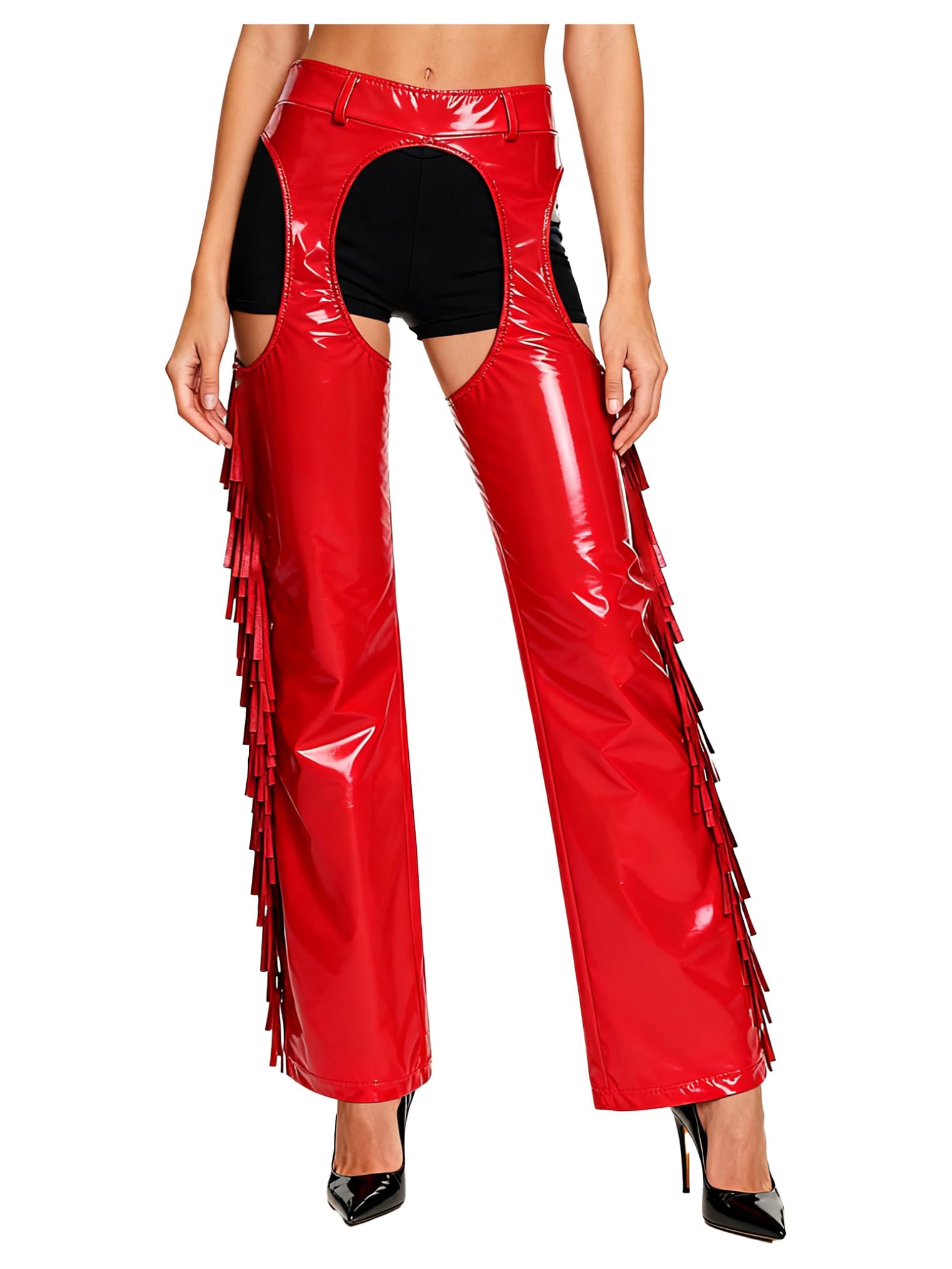 Freebily Unisex Mens Womens Leather Cowboy Cowgirl Chaps Pants Hollow Out Trousers Costume Carnivals Red XL